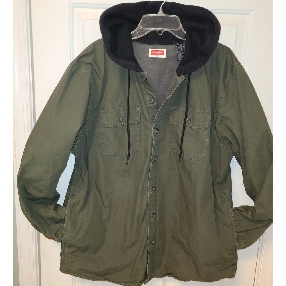 Wrangler Workwear Fleece Lined Shirt Jacket Duck Green Black Hood Men's L Street